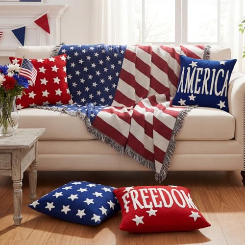 Fourluoo 4 Pcs 4th of July Throw Pillow Covers 18x18 Inch Patriotic Soft Plush Faux Fur Jacquard Cushion Pillow Case Freedom America Red White and Blue Pillowcase for Cushion Case Sofa Couch Decor - style: Patriotic