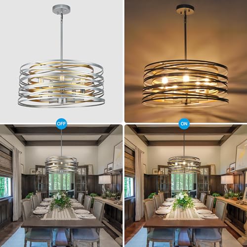 ACNKTZ 19.7'' Double Round Metal Chandelier, 5-Light Modern Farmhouse Dining Room Lights Over Table, Gold Chandelier for Hallway Kitchen Island Entryway Stairwell, Silver with Gold Interior - color: Silver with Gold Interior, size: 19.7"/5-Light