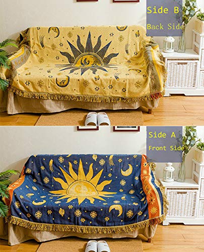 Erke 70" x 90" Sun and Moon Blanket Celestial Couch Sheet Cover Witchy Hippy Home Decoration, Double Sided Cotton Woven Hippie Throws Wicca Blankets for Couch Bed Recliner Decor - Yellow/Blue - size: 70" x 90"