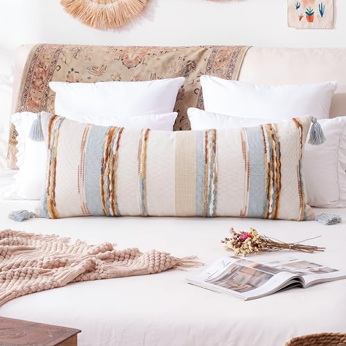 PANOD Boho Long Lumbar Throw Pillow Cover 14 x 36 Blue Brown, Chenille Morocan Extra Long Pillow Case Cover, Decorative Long Pillow for Bed Couch Sofa Farmhouse - color: Light Blue Tone, size: 36" x 14" (Pack of 1)