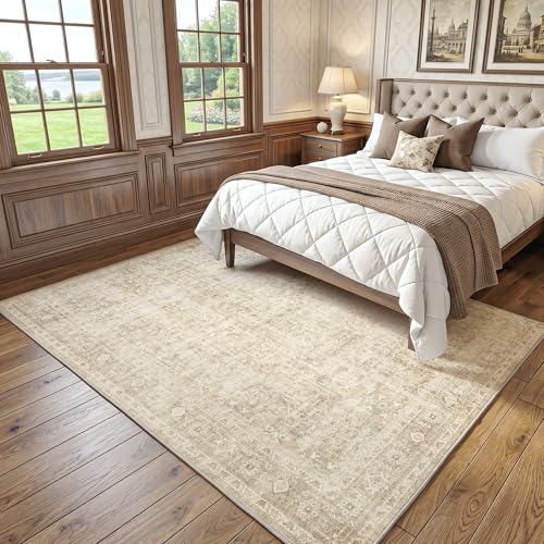 FMFUNCTEX 5x7 Washable Area Rug Beige Neutral Vintage Distressed Oriental Large Non Slip Carpet for Living Room Bedroom Traditional Retro Soft Low Pile Indoor Rugs for Dining Room Office Nursery - color: Beige, size: 5' x 7' (Rectangular)