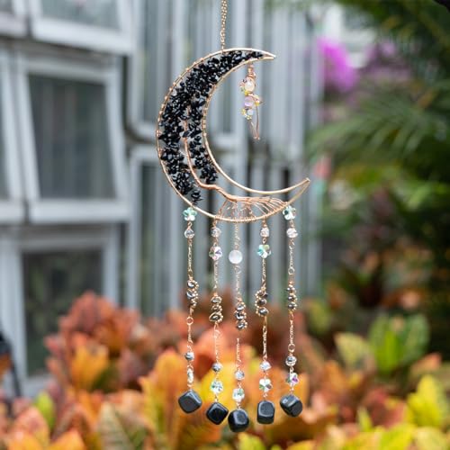 Agate Moon Dream Catchers with Crystal 7 Chakra Gemstone Dream Catchers Color Natural Gem Agate Wall Hangings Room Garden Dreamcatchers Decor (Black) - color: Black
