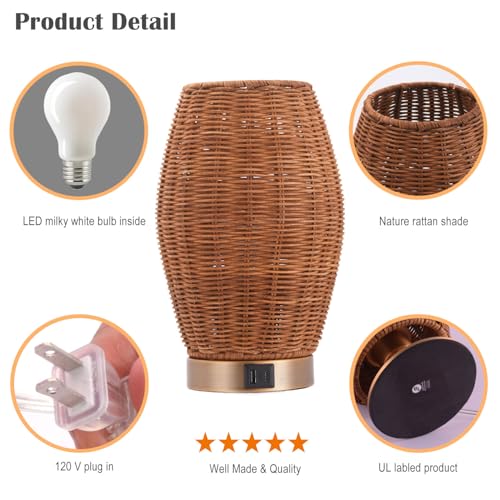 Boho Style Rattan Table Lamp,Dimmable Bamboo Desk Lamp,Touch & USB Charger Port,Oven Brown Rattan - color: USB + touch
