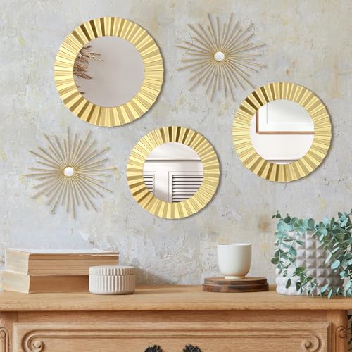 MorningRo 5 Pack Gold Metal Mirrors for Wall Gold Starburst Sunburst Wall Decor Set Metal Round Mirrors Decor Hanging Art Circle for Living Room Bathroom Bedroom Modern Decorative Gifts