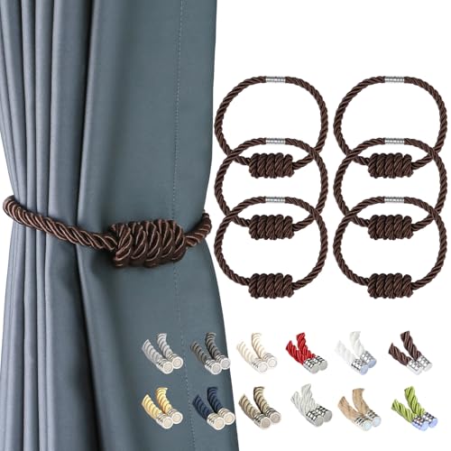BEL AVENIR Magnetic Curtain Tiebacks, Decorative Drapery Holdbacks Modern Woven Tie-Backs with Exquisite Knot (Coffee, 6 Pack) - color: Coffee, size: 6 Pack