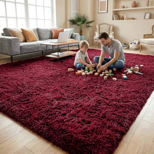 DweIke Fluffy Burgundy Red Rugs for Bedroom Living Room, 3x5 Feet Soft Plush Shaggy Wine Maroon Girls Boys Kids Rug, Non-Slip and Machine Washable Carpet for Dorm Nursery Classroom Decor - color: Wine Red, size: 3 Ft X 5 Ft