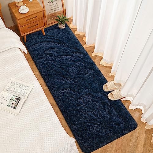 DweIke Fluffy Navy Blue Runner Rugs for Bedroom, 2x6 Feet Soft Plush Long Runners for Girls Boys Kids, Non-Slip and Machine Washable Bedside Rug, Small Throw Carpet for Hallway Rooms Decor - color: Navy Blue, size: 2 Ft X 6 Ft