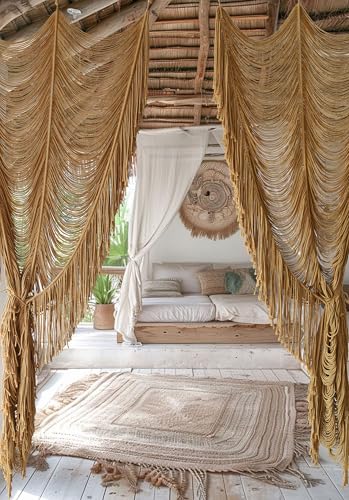Macrame Curtain Boho Curtain Room Divider Doorway Wall Decor Fiber Yarn Art Craftsmanship Bedroom Wedding Backdrop 41" W x 75" L（1 Panel - color: Khaki1