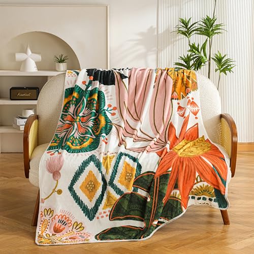 Tyrot Boho Floral Flannel Fleece Twin Blanket – Soft, Warm & Lightweight Fuzzy Blanket for Couch, Bed, or Sofa Decor, Cute Botanical Design Throw for Women & Girls, 60''x80'' - color: Blush Pearl, size: Twin(60''x80'')