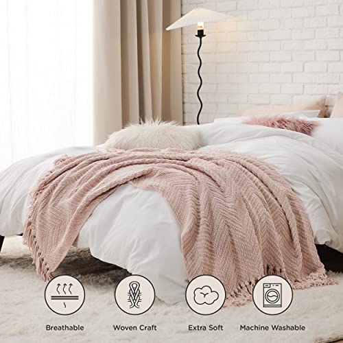 Bedsure Spring Throw Blankets for Couch - Textured Knit Woven Chenille Blanket - Super Soft, Warm Decorative Boho Throw with Tassels for Bed, Sofa and Living Room, Light Pink, 50x60 Inches - color: 01-pink
