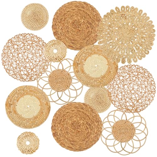 Glenmal Set of 13 Boho Wall Basket Decor Woven Rattan Flat Baskets Handmade Boho Wicker Bamboo Seagrass Wall Hanging Decor for Bedroom Living Room Dining Room Office Ready to Hang(Classic) - style: Classic