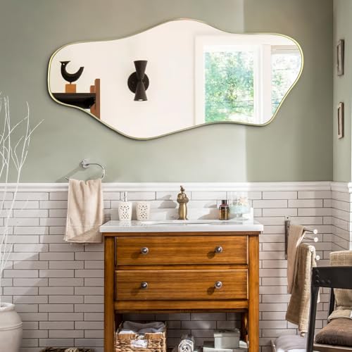 Irregular Wall Mirror, 47.2"x21.6" Gold Asymmetrical Frameless Mirror, Modern Organic Shaped Mirrors for Living Room Bedroom Hallway Entryway, Horizontal or Vertical Hanging - color: Gold, size: 47.2"L x 21.6"W