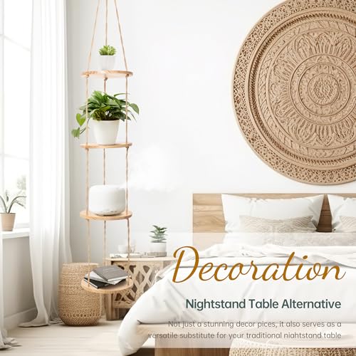 Hemp Rope Hanging Plant Shelf from Ceiling for Narrow Space or window Boho Hanging plant Shelves, Natural Pine Wooden Plant Stand Display for Indoor, Outdoor, Corner, Balcony, Living Room and Bedroom - color: Brown