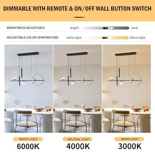 ORANOOR Modern LED Pendant Lights, Dimmable 39in Linear Wave LED Chandelier Lighting, Black & Gold Dining Room Hanging Light Fixtures Kitchen Island Globe Pendant Light for Dining Table (2705lm)