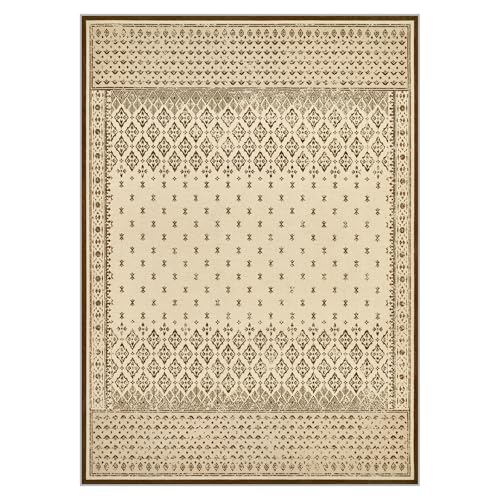 Joydeco Vintage Large Area Rug for Living Room, Washable Rugs 8x10 for Bedroom Non Slip, Neutral Boho Geometric Soft Low-Pile Floor Indoor Throw Carpet for Dining Dorm Playroom, Beige - color: Beige, size: 8' x 10' (Rectangular)
