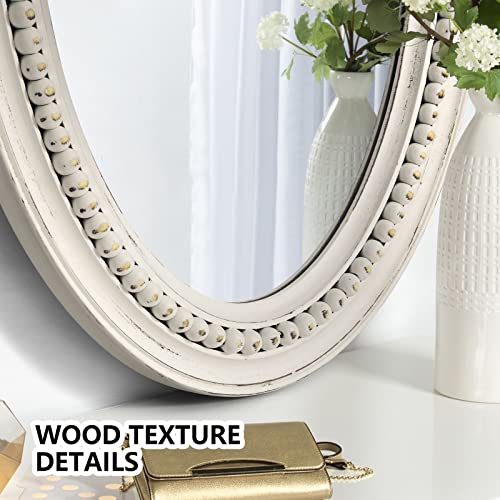 H HOMEWINS Oval Mirrors for Wall,24x36 Oval Wooden Rustic Farmhouse White Beads Boho Decorative Mirror for Bedroom, Bathroom, Living Room,Vanity - color: White, size: 36"L x 24"W