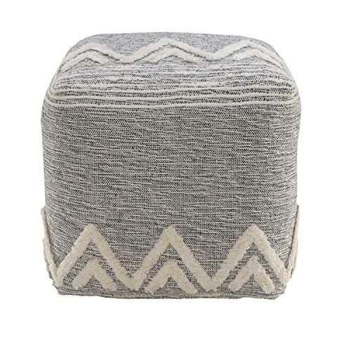 LR Home Gray/Ivory Geometric Hand-Woven Polyester Ottoman Pouf for Home Decor | Modern Transitional Foot Rest for Bedroom & Living Room Decor | 16 x 16 x 16 Stuffed Ottoman for Seating - color: Gray/Ivory, size: 16"D x 16"W x 16"H