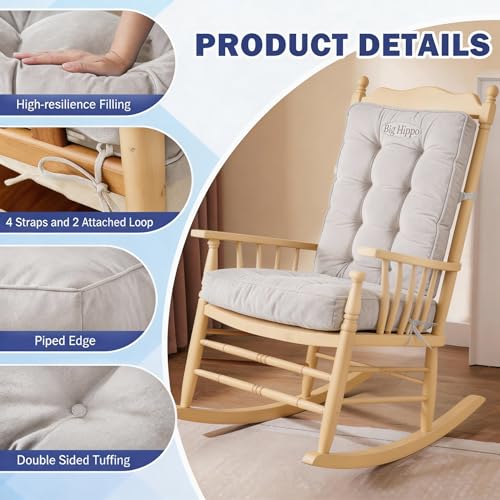 Big Hippo Rocking Chair Cushions Set with Ties, Tufted Thick Back and Seat Pads for Wooden Glider & Nursery, Velour Lumbar Support to Relieve Tailbone Pain for Indoor Office (Beige) - color: Beige2