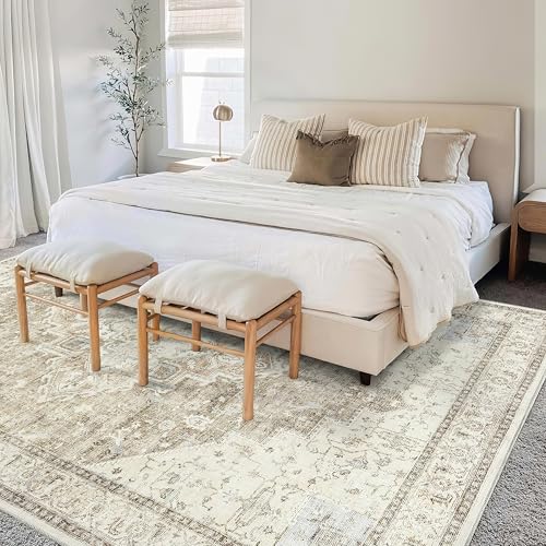 BILEEHOME 4x6 Boho Neutral Living Room Rug Washable Vintage Rustic Persian Farmhouse Style Easy to Clean Stain Resistant Area Rugs for Dining Room, Light Tan Brown and Beige - color: Coffee/Rust Brown, size: 4' x 6' (Rectangular)