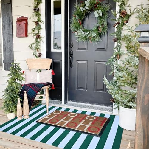 Green & White Striped Rug, 2'4" x 3'7" Indoor/Outdoor Area Rug for Front Porch, Entryway, Machine Washable Cotton Woven Welcome Door Mat - color: Green & White Stripe, size: 2'4" x 3'7" (Rectangular)