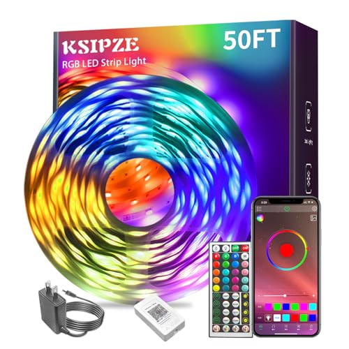 KSIPZE Led Lights for Bedroom 50ft Led Strip Lights with Remote RGB Color Changing Music Sync Smart App Control for Room Bedroom Lighting Flexible Home Décor - size: 50 ft
