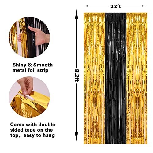 PIGETALE, 2 Pack 3.2x8.2 Feet Black and Gold Tinsel Backdrop Party Decorations, Foil Fringe Curtains Backdrop for Birthday Graduation Wedding Engagement Bridal - color: Black and Gold