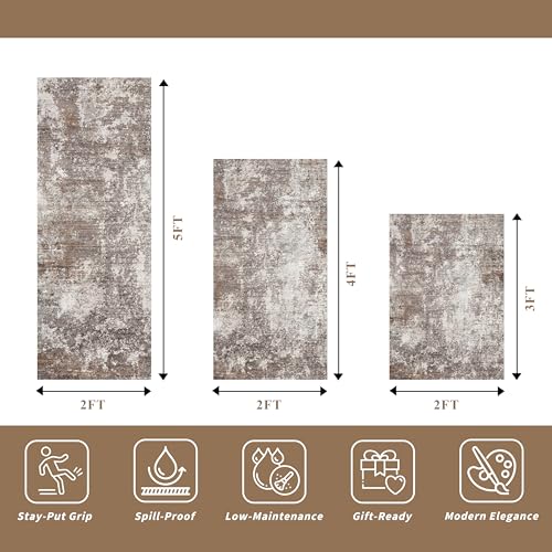 3-Piece Kitchen Rug Set with Runner – Non-Slip Washable Small Kitchen Mats for Floor, Sink & Entryway – Soft Boho Throw Area Rugs for Kitchen Decor (Brown Beige, 2x3+2x4+2x5) - color: Brown Beige, size: 2x3+2x4+2x5
