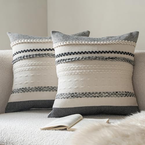 Cethom Boho Throw Pillow Covers 18x18 Inch Set of 2, Black Textured Decorative Couch Pillow Cases for Farmhouse Home Decor, Accent Cushion Cover for Sofa, Bed, Living Room, Bedroom - color: Black, size: 18" x 18" (Pack of 2)