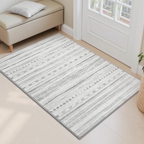 Small Area Rug-2x3 Entryway Rug Non Slip Washable Low Pile Indoor Door Mat Neutral Distressed Boho Moroccan Entrance Rugs Carpet for Bedroom Kitchen Powder Room Front Porch Bathroom, Grey - color: Grey, size: 2' x 3' (Rectangular)