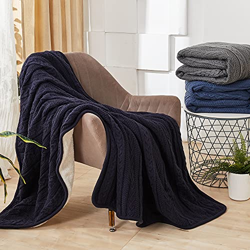 Longhui bedding Acrylic Cable Knit Sherpa Throw Blanket - Thick, Soft, Big, Cozy Navy Knitted Fleece Blankets for Couch, Sofa, Bed - Large 50 x 63 Inches Navy Blue Coverlet All Season - color: Navy, size: 50" x 63", Standard