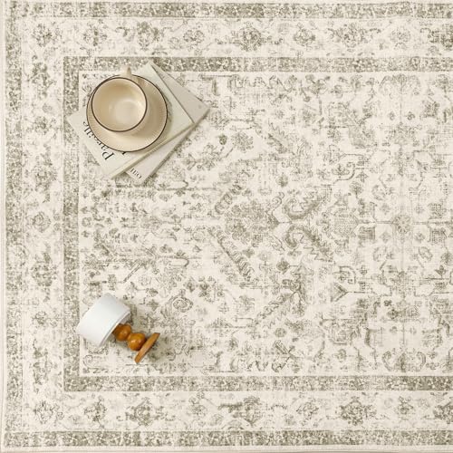 PureCozy Taupe 2x3 Entryway Rug Vintage Area Carpet Indoor Kitchen Washable Door Mat Entrance Small Low Pile Traditional Distressed Retro Accent Throw Rug Non Slip Office Bathroom - color: Neutral Taupe, size: 2' x 3' (Rectangular)