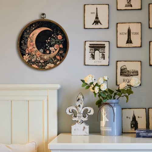 HEYJEEPER Vintage Crescent Moon Wall Art Decor,Boho Romance Floral Round Hanging Artwork, Mystical Botanical Linen Wall Hanging Decor for Living Room Bedroom Office Home, 10 Inch (Black-Moon)