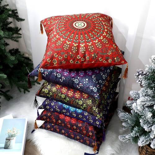 Mixweer 6 Pack Moroccan Mandala Pillow Covers 16 x 16 Inch Bohemian Decorative Cushion Covers with Tassels, Colorful Ethnic Throw Pillow Cases for Sofa Bed Couch Living Home Decor Diwali Festival