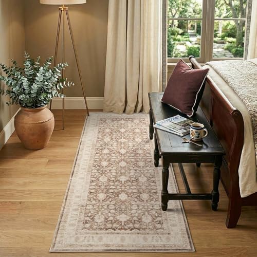 jinchan 2x6 Washable Vintage Runner Rug, Distressed Traditional Floral Kitchen Runner, Soft Low-Pile Non-Slip Floor Mat High-Traffic Aisle Hallway Rug for Entryway Laundry Room Bathroom, Taupe - color: Oriental Taupe, size: 2' x 6' (Runner)