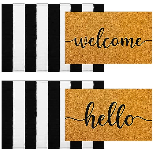 Timgle 4 Pack Hello and Welcome Doormat 30'' x 18'' Black and White Striped Rug 35'' x 24''Front Door Mats for Front Door Farmhouse Outdoor Doormats for Indoor Outside Entryway