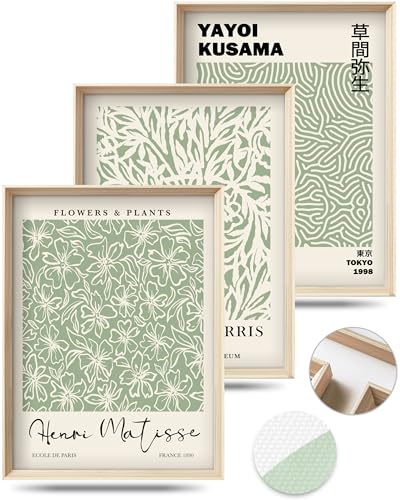 HesenDot Framed Matisse Sage Green Wall Art,William Morris Canvas Wall Decor,16x12IN High Framed Wood Design Prints,Minimalist Classic Decor Aesthetic for Living Room,Bedroom,Bathroom Set of 3 - color: Framed Green Canvas Art, size: 16"L x 12"W