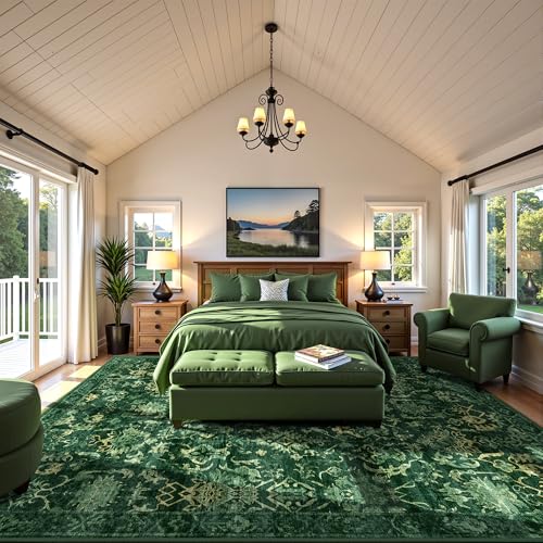 Deerly Dark Green Area Rugs 10x12 for Living Room Soft Non-Slip, Large Bedroom Rug Vintage Dining Room Rug Tribal Farmhouse Carpet for Dining Room Office Green - color: Dark Green, size: 10'x12'