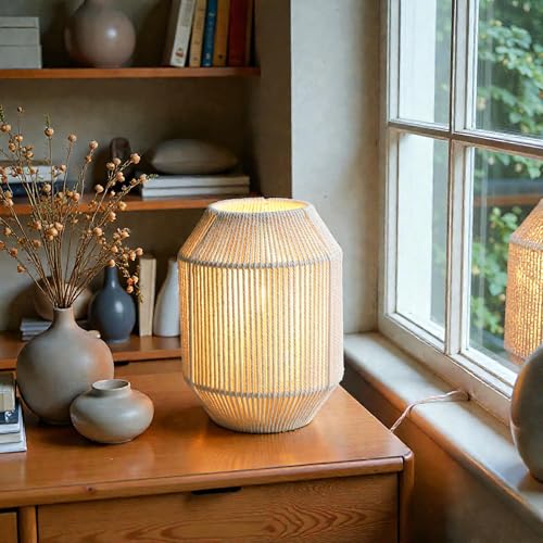JHY DESIGN Boho Rattan Woven Lampshade Table Lamp 8.5" H Cotton Rope Bedside Lamp Cordless Decorative Battery Operated Lamp with 6 Hours Timer for Bedroom Living Room Wedding Parties Patio - color: 8.5"H Off-white