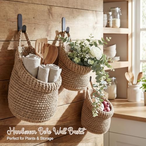 Honeydak Boho Decor Hanging Wall Baskets for Kitchen 3 Pack Teardrop Baskets with Hooks Storage Fruit Onion Vegetable Potato for Home 3 Sizes(Light Linen,Barrel,Cotton Rope) - color: Linen, size: Cotton Rope, style: Barrel