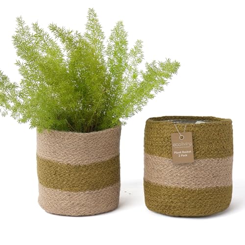 Jute Planter Basket-Woven Jute Rope Covers for Decorating Indoor/Outdoor Succulents, Small Plant Pots-Set of 2-Multi-Purpose Storage Bins 6.5 Inches - Modern Style Décor- Olive & Natural - color: Olive & Natural- Pack of 2, size: 6.5 Inch