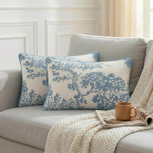 Mantle & Mason Floral 12x20 Lumbar Pillow Covers Set of 2, French Vintage Woven Jacquard Decorative Accent Pillow Cases for Couch, 430GSM Thick Chenille & Luxury Velvet, Blue - color: Tree Pattern Blue, size: 20" x 12" (Pack of 2)
