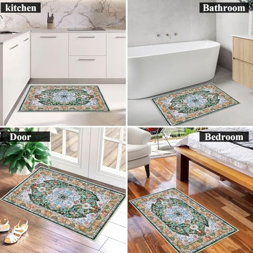 U'Artlines Washable Boho Area Rug, 2x3 Small Soft Non Slip Vintage Doormat for Indoor Front Door Green Mat Carpet for Entryway Kitchen Bathroom Bedroom - color: Green, size: 2' x 3' (Runner)