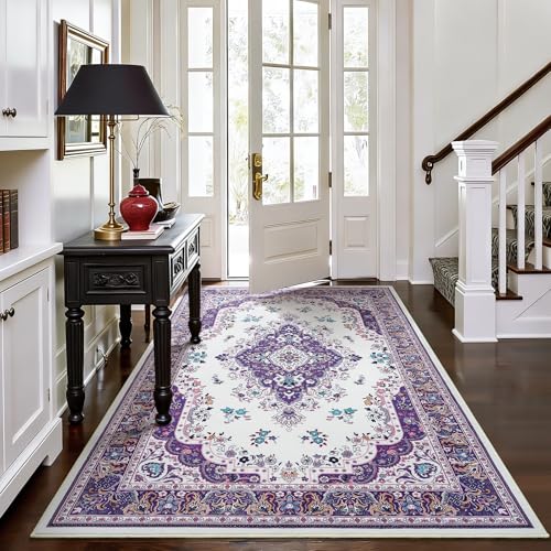 HOMORE Area Rug 3x5 Purple Rugs for Bedroom Living Room, Non Slip Washable Throw Rug for Kitchen Ultra Thin Low Pile Vintage Rugs for Entryway Floral Rug for Dinning Room Office - color: Purple, size: 3' x 5' (Rectangular)