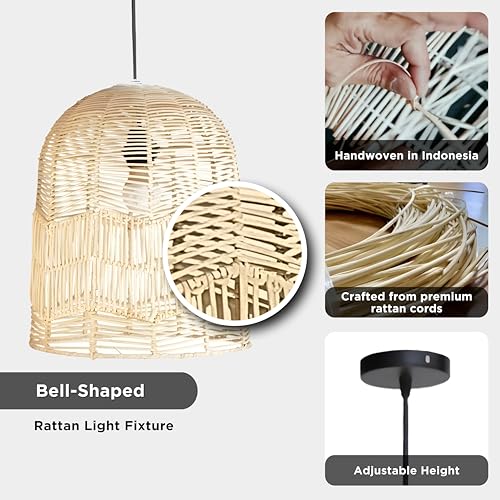 FOREVER BAMBOO Indonesian Natural Rattan Pendant Light Shade Handcrafted Wicker Light Fixtures Luxurious Basket Woven Lampshade Chandelier Interior Decor, Bell Shape 14 in H x 12 in W - style: Lombok Bell