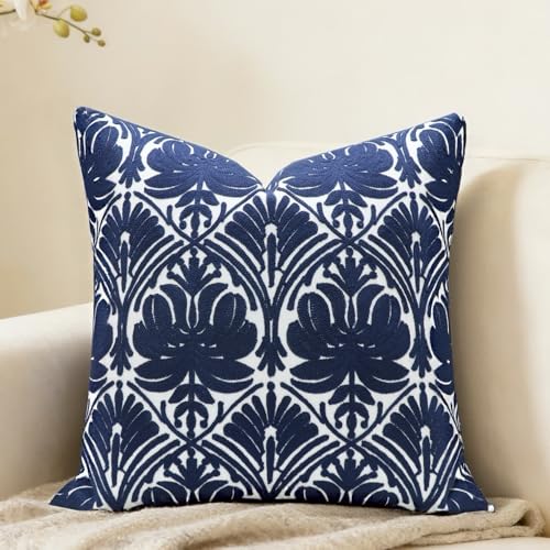 Slow Cow Embroidered Blue Throw Pillow Cover Geometric Decorative Cushion Covers for Sofa 18 x18 Inches - color: Navy Rose, size: 18" x 18" (Pack of 1)