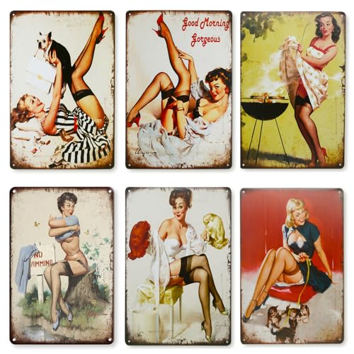 6PCS Vintage Metal Tin Wall Sign Plague Poster, Sexy Pinup Girl Black Stockings Temptation Pattern Wall Decor Art Tin Sign for Cafe Bar Pub Beer 8x12 Inch (Tin Sign02) - color: Tin Sign02