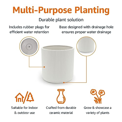 Amazon Basics Fluted Ceramic Planter Pot for Indoor Outdoor Plants, Round Flower Pot with Drainage Hole, 8-inch, White - color: White, size: 8-Inch