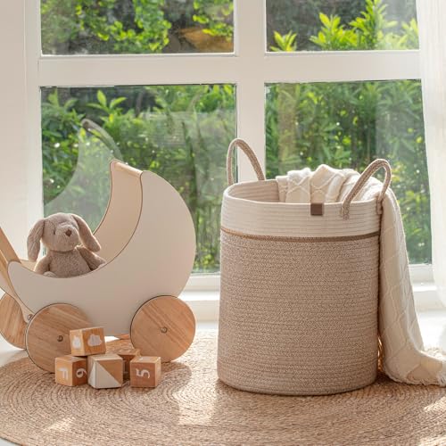 LA JOLIE MUSE Woven Basket Rope Storage Baskets - Tall Cotton Basket 16 x 14 x 14 Inches, Laundry Basket for Blanket, Kids Toy, Nursery Clothes Hamper Basket White & Desert - color: White & Desert, size: M