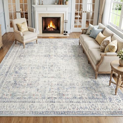 FMFUNCTEX 8x10 Washable Area Rug Blue Neutral Vintage Distressed Oriental Large Non Slip Carpet for Living Room Bedroom Traditional Retro Soft Low Pile Indoor Rugs for Dining Room Office Nursery - color: Blue, size: 8' x 10' (Rectangular)