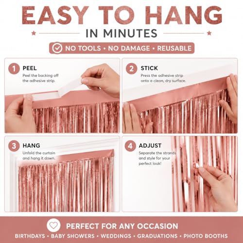 2 Pack Rose Gold Fringe Curtain Backdrop, Metallic Foil Streamers 3.2 x 6.4 FT, Tinsel Photo Booth Backdrop for Birthday, Baby Shower, Bachelorette, Graduation, Wedding Party Decorations - color: Rose Gold